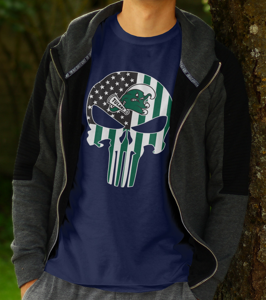 Tulane Green Wave 16 Punisher Flag Skull T-Shirt