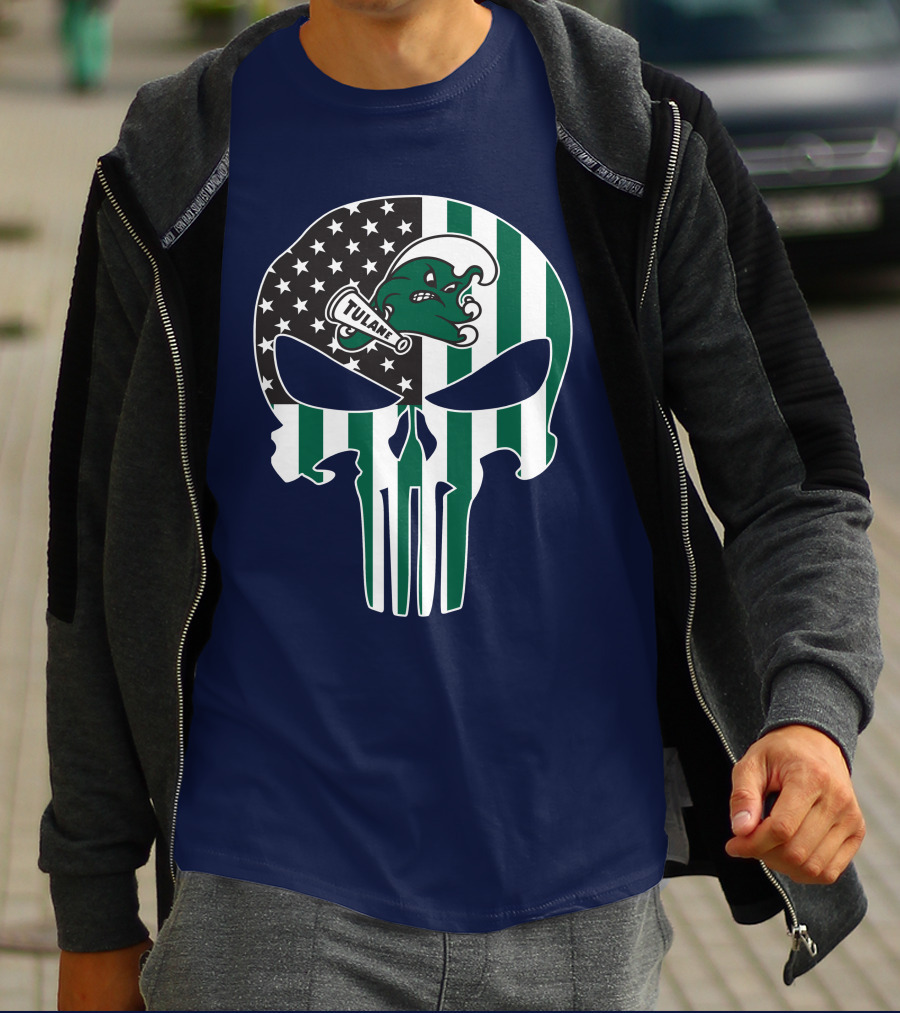 Tulane Green Wave 16 Punisher Flag Skull T-Shirt
