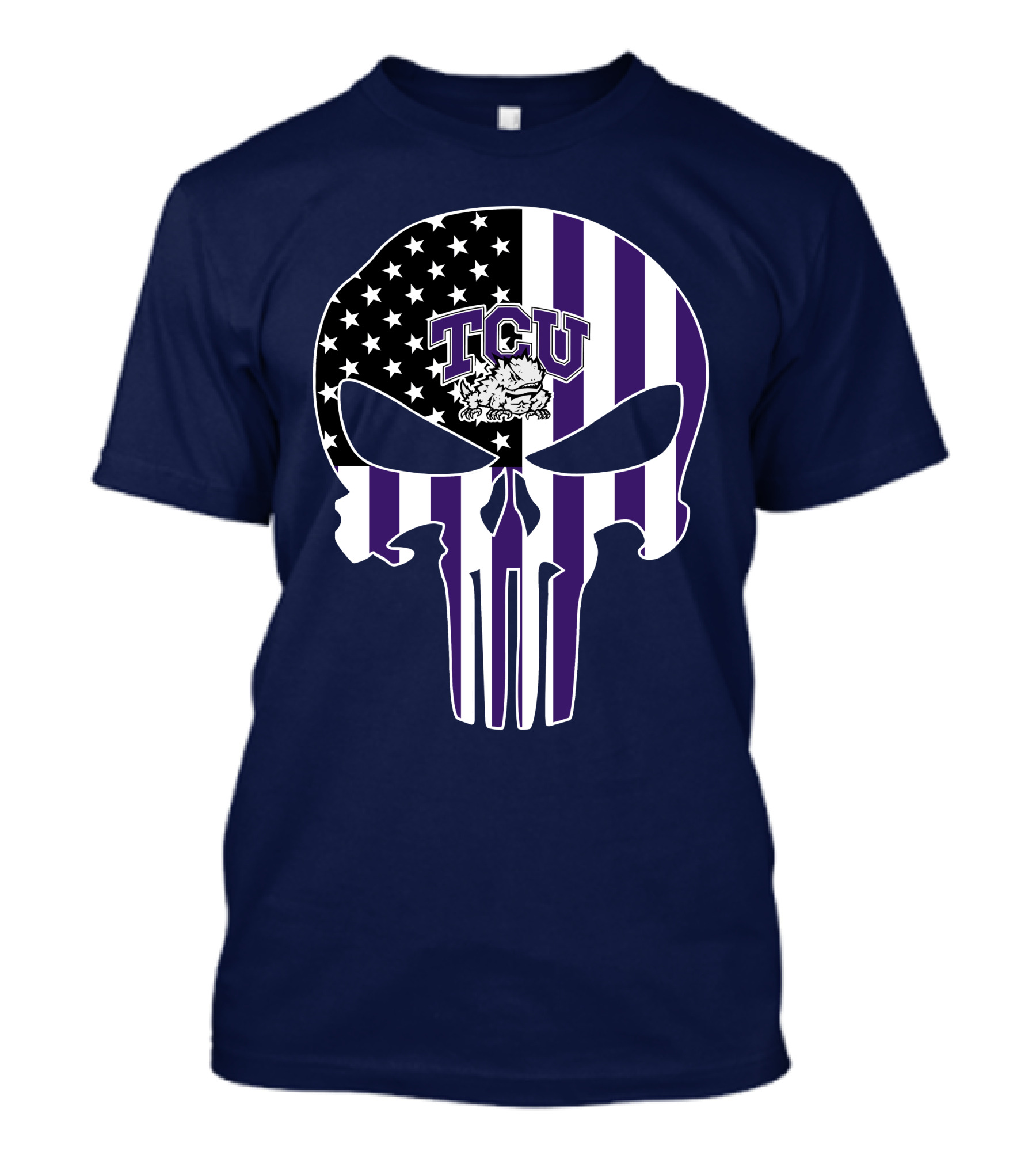 Tcu Horned Frogs Logo With American Flag Punisher Skull T-Shirt