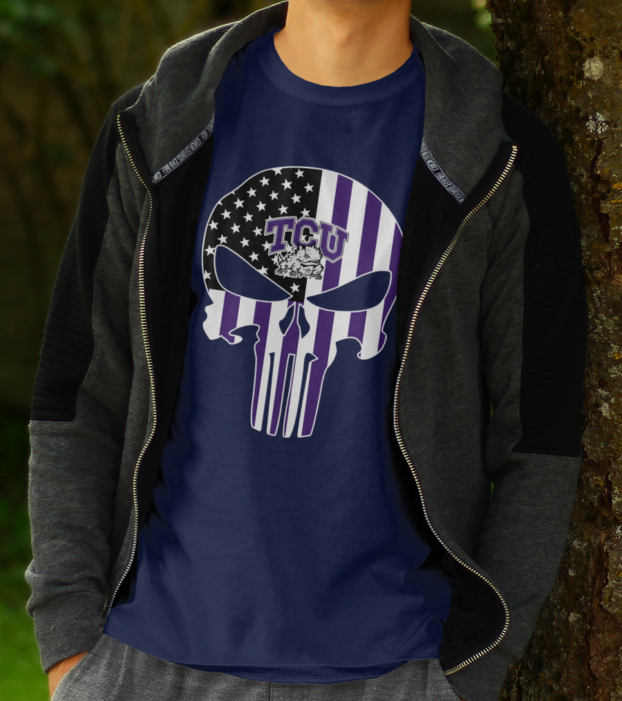 Tcu Horned Frogs Logo With American Flag Punisher Skull T-Shirt