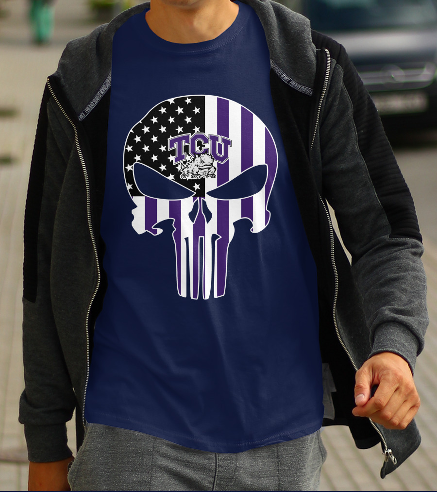 Tcu Horned Frogs Logo With American Flag Punisher Skull T-Shirt