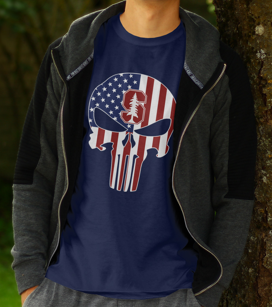 Stanford Cardinal Punisher Skull American Flag T-Shirt