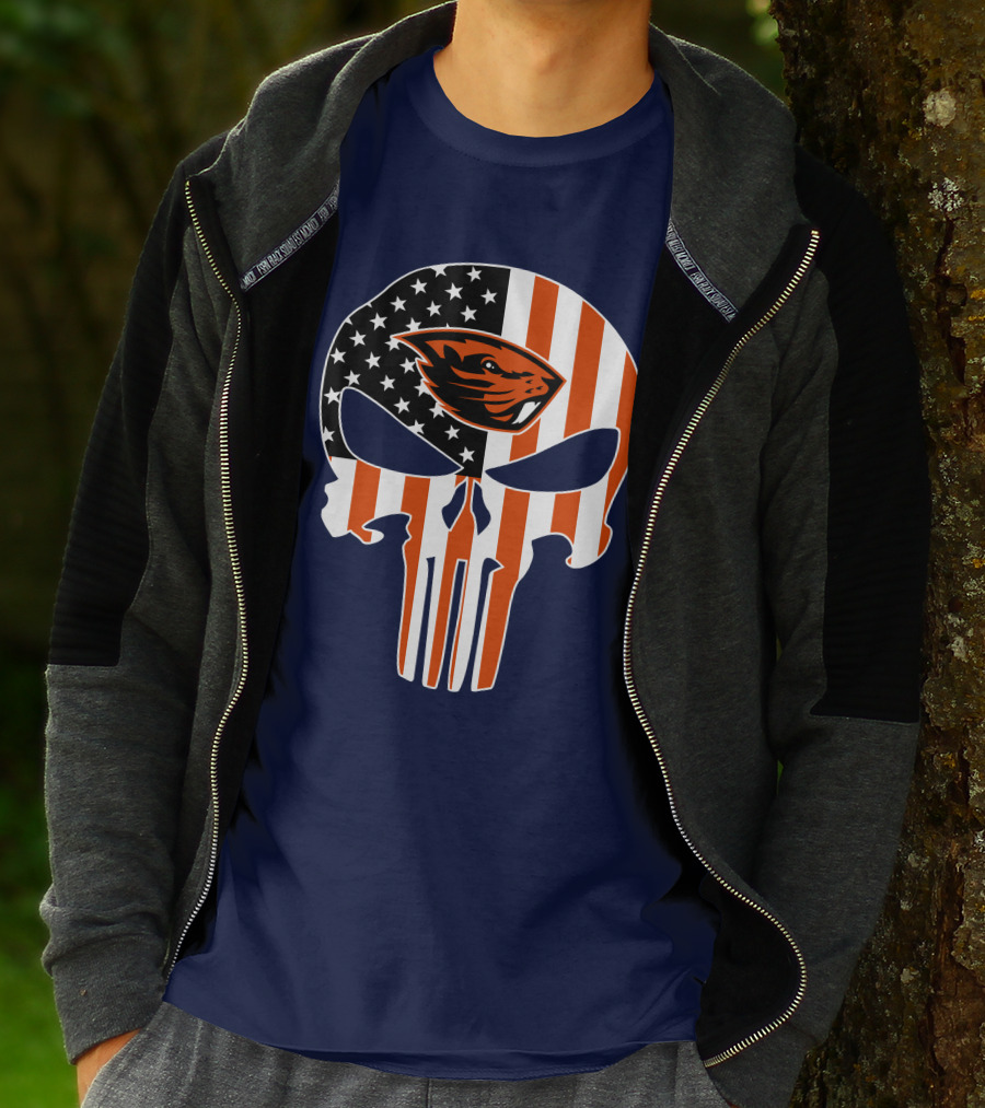 Oregon State Beavers American Flag Skull Logo Punisher 29 T-Shirt