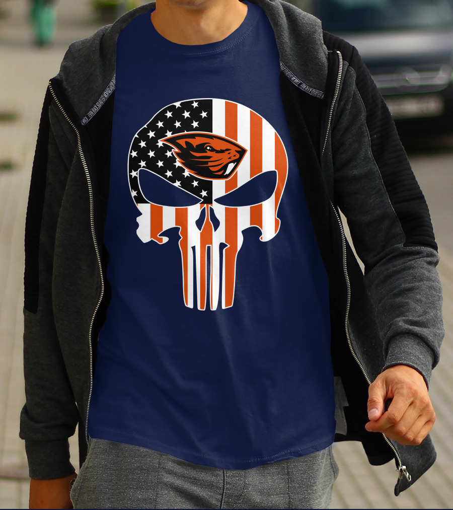 Oregon State Beavers American Flag Skull Logo Punisher 29 T-Shirt