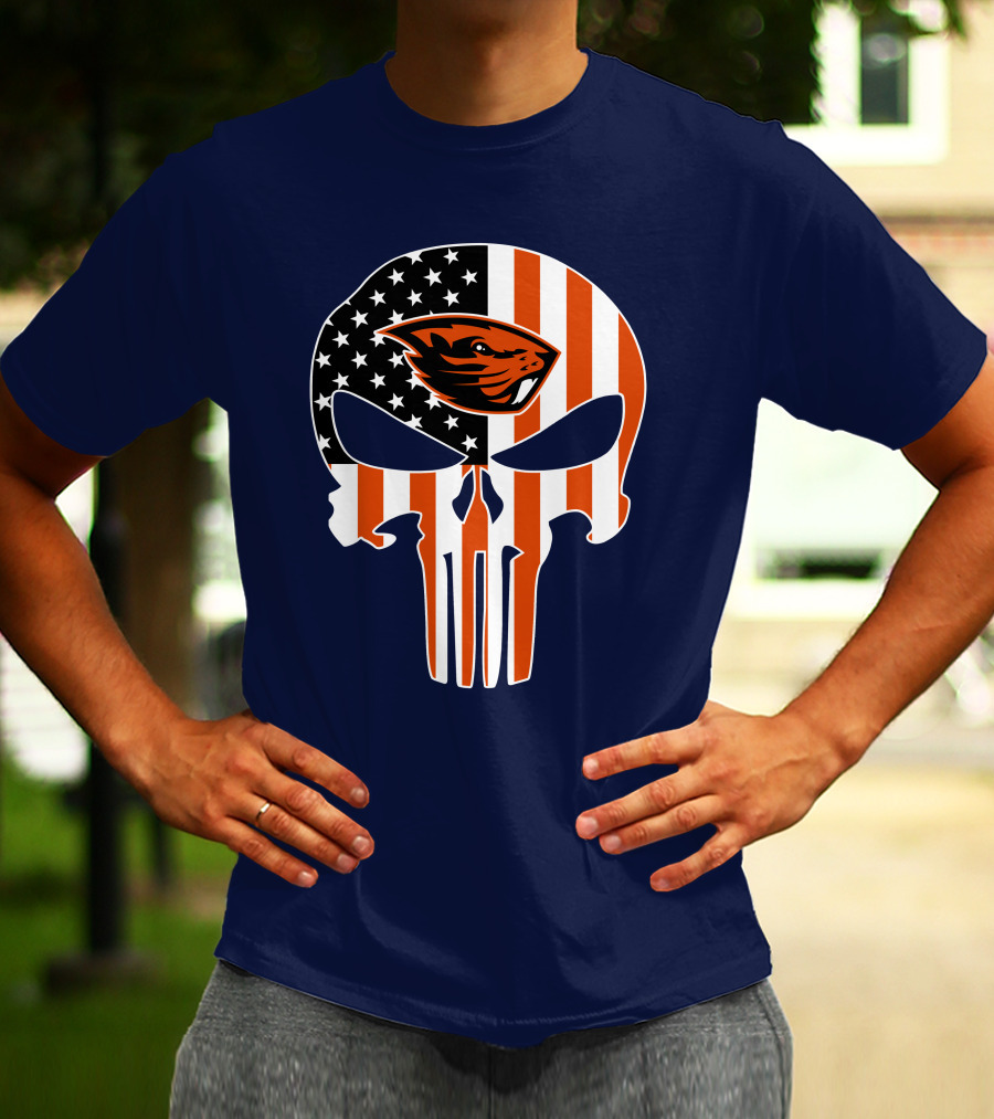Oregon State Beavers American Flag Skull Logo Punisher 29 T-Shirt