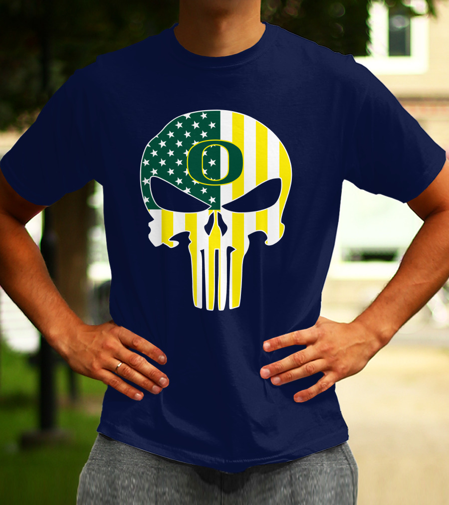 Oregon Ducks Punisher Skull American Flag T-Shirt