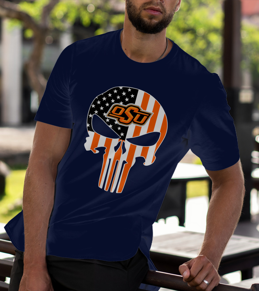 Oklahoma State Cowboys 32 Punisher Skull Osu American Flag T-Shirt