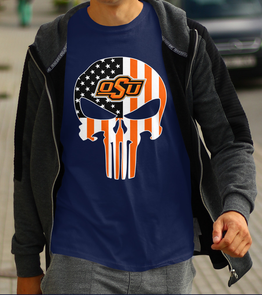 Oklahoma State Cowboys 32 Punisher Skull Osu American Flag T-Shirt