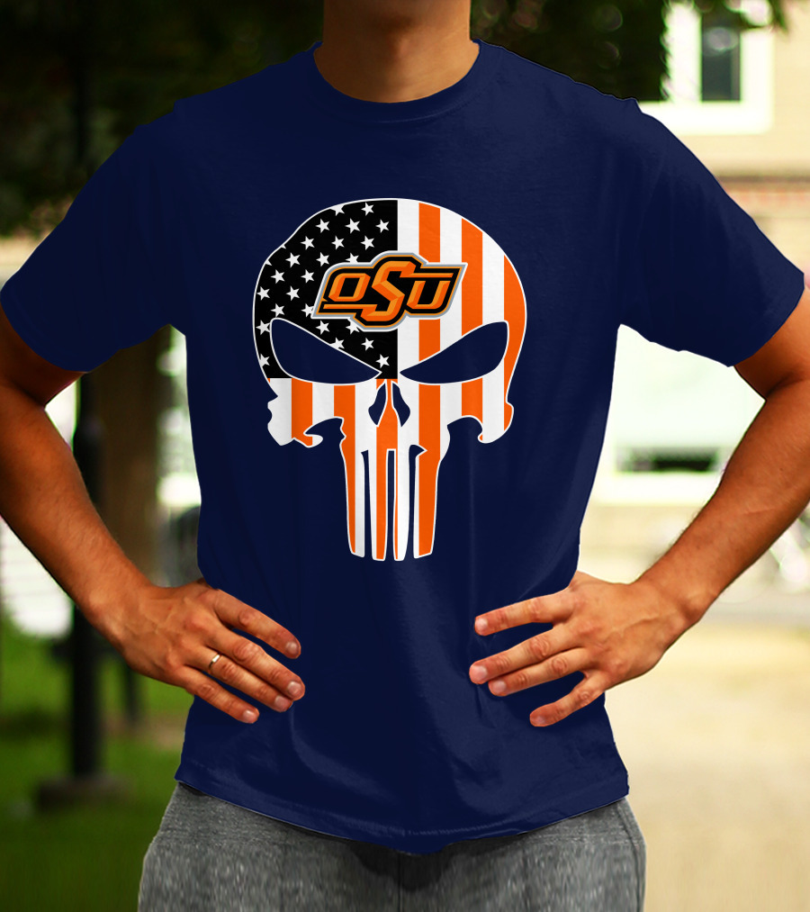 Oklahoma State Cowboys 32 Punisher Skull Osu American Flag T-Shirt