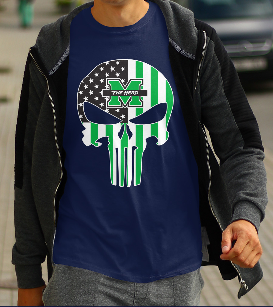 Marshall Thundering Herd The Punisher American Flag Skull T-Shirt