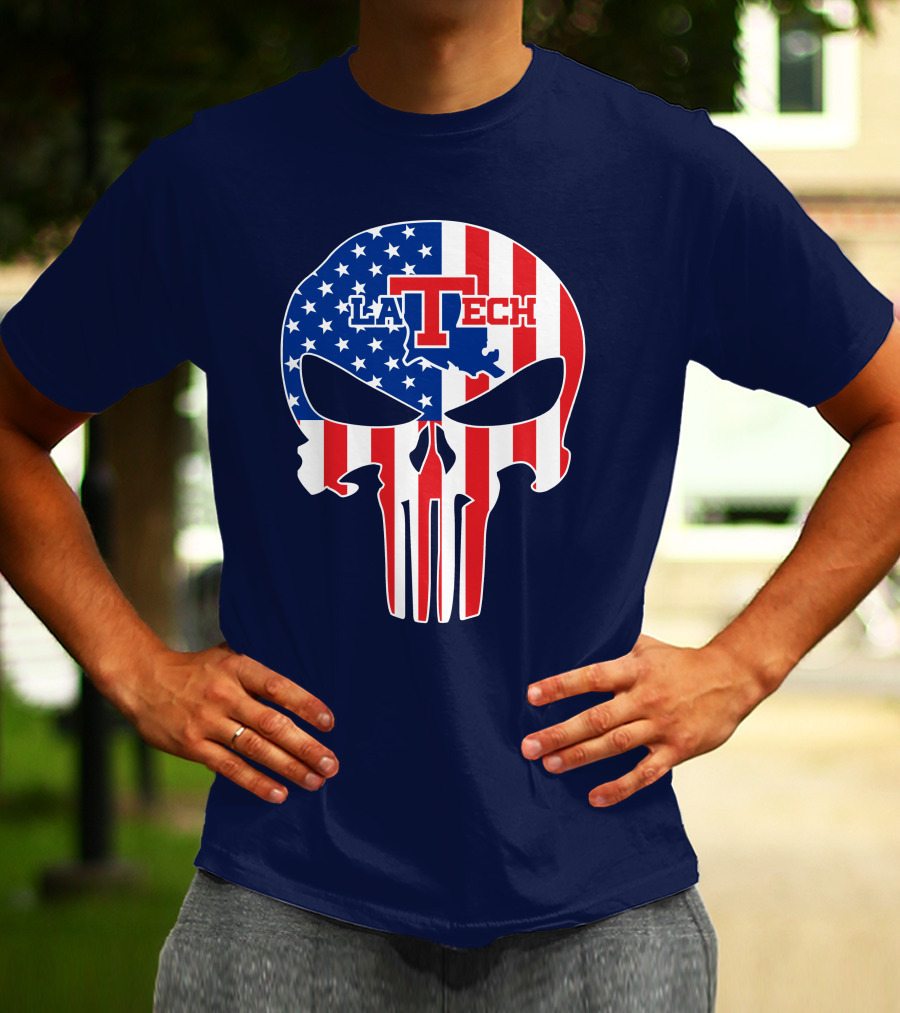 Louisiana Tech Bulldogs La Tech Skull American Flag Punisher T-Shirt