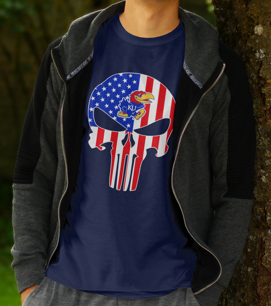 Kansas Jayhawks The Punisher American Flag Skull T-Shirt