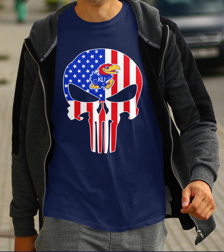 Kansas Jayhawks The Punisher American Flag Skull T-Shirt