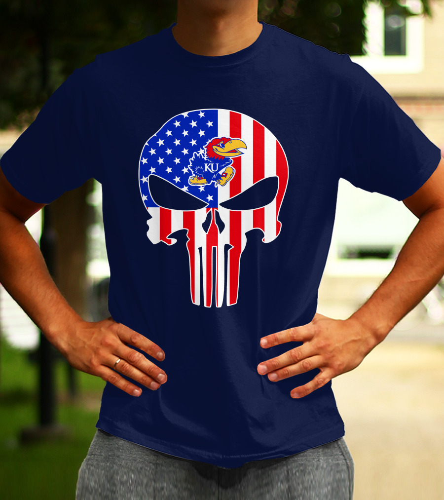 Kansas Jayhawks The Punisher American Flag Skull T-Shirt