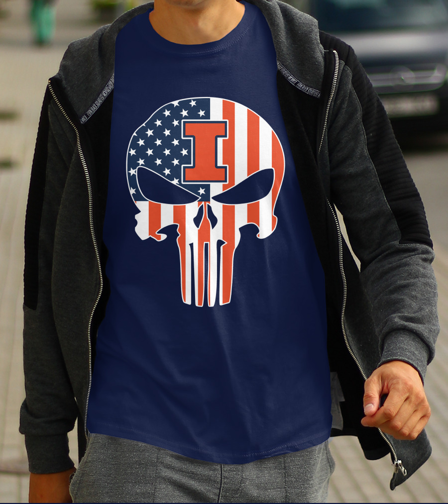 Illinois Fighting Illini Skull Punisher American Flag I T-Shirt