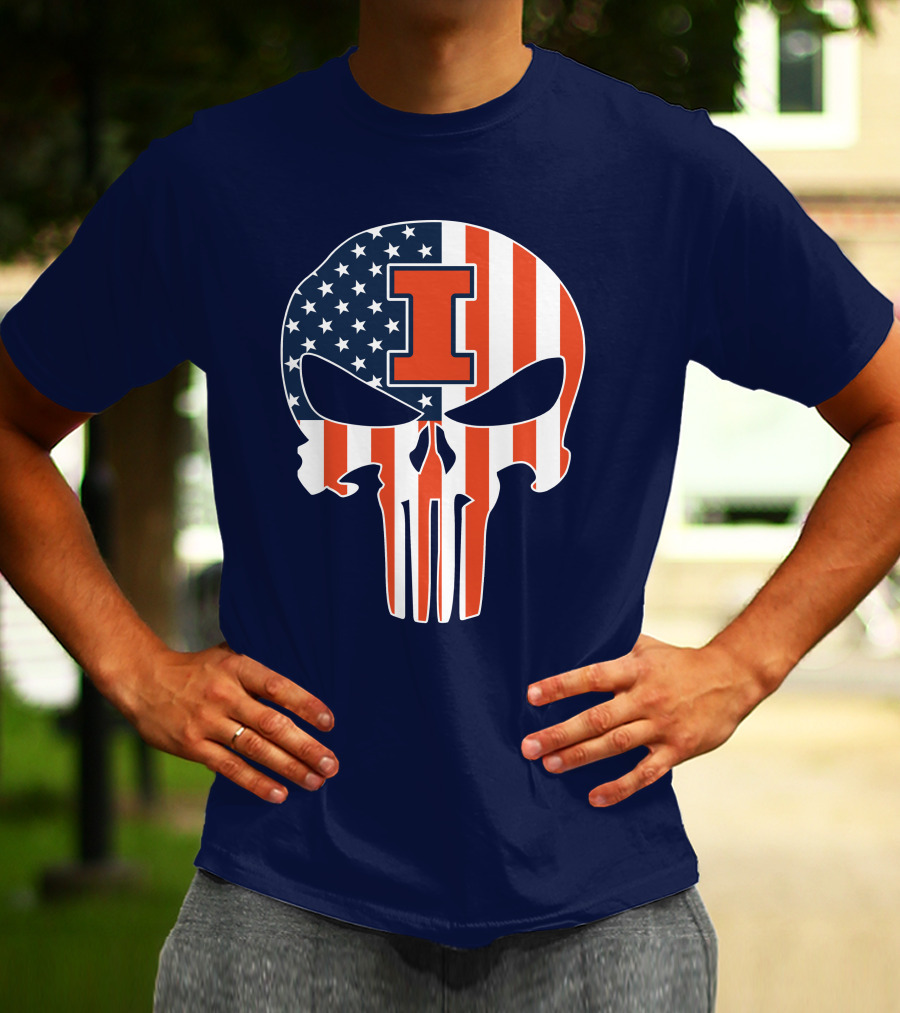 Illinois Fighting Illini Skull Punisher American Flag I T-Shirt