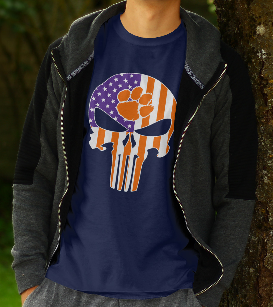 Clemson Tigers The Punisher American Flag Skull Paw T-Shirt