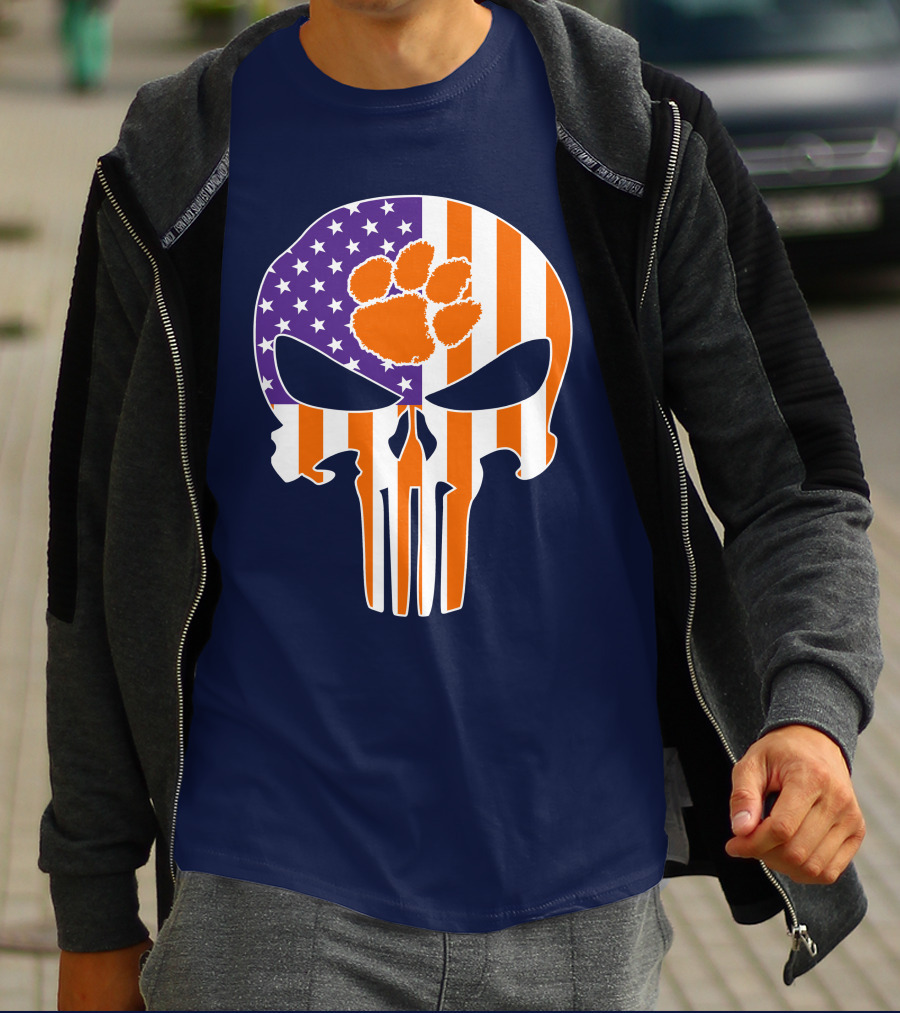 Clemson Tigers The Punisher American Flag Skull Paw T-Shirt