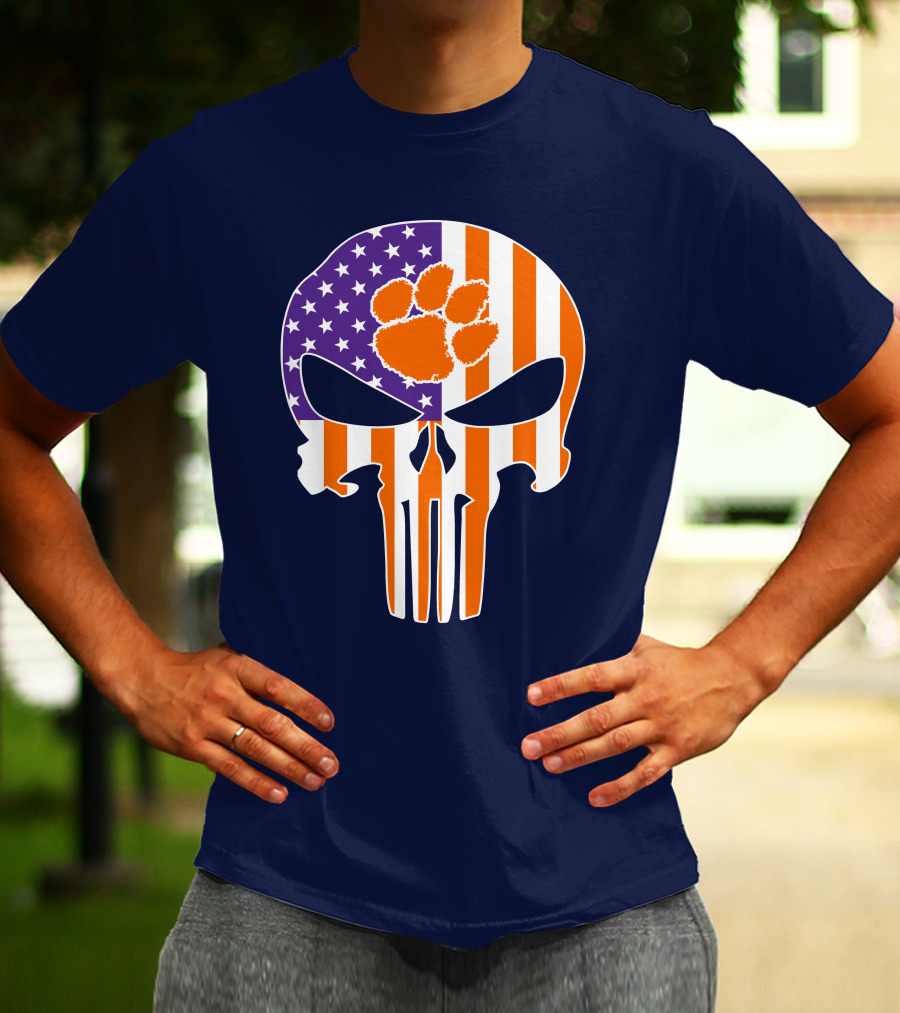 Clemson Tigers The Punisher American Flag Skull Paw T-Shirt