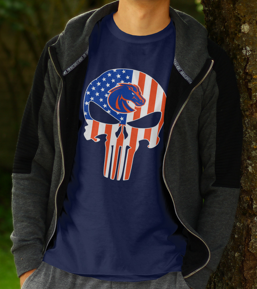 Boise State Broncos The Punisher American Flag Skull T-Shirt