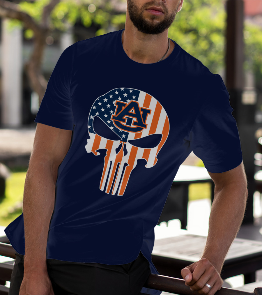 Auburn Au Logo American Flag Punisher Skull T-Shirt