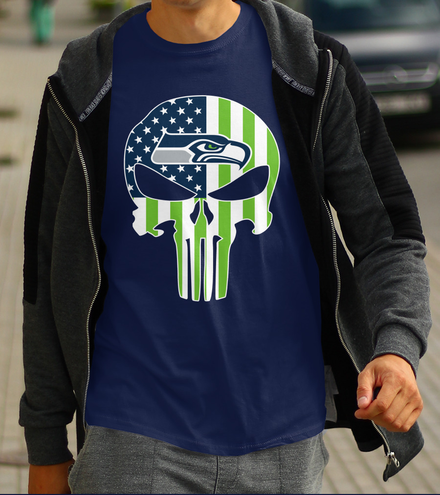 Seattle Seahawks The Punisher Skull American Flag T-Shirt
