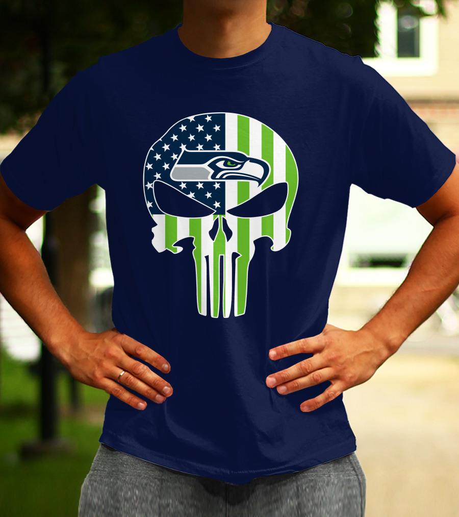 Seattle Seahawks The Punisher Skull American Flag T-Shirt