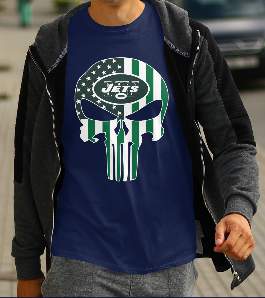 New York Jets Punisher Skull American Flag T-Shirt