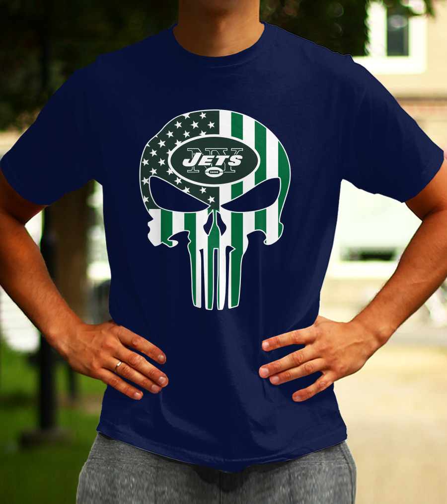 New York Jets Punisher Skull American Flag T-Shirt