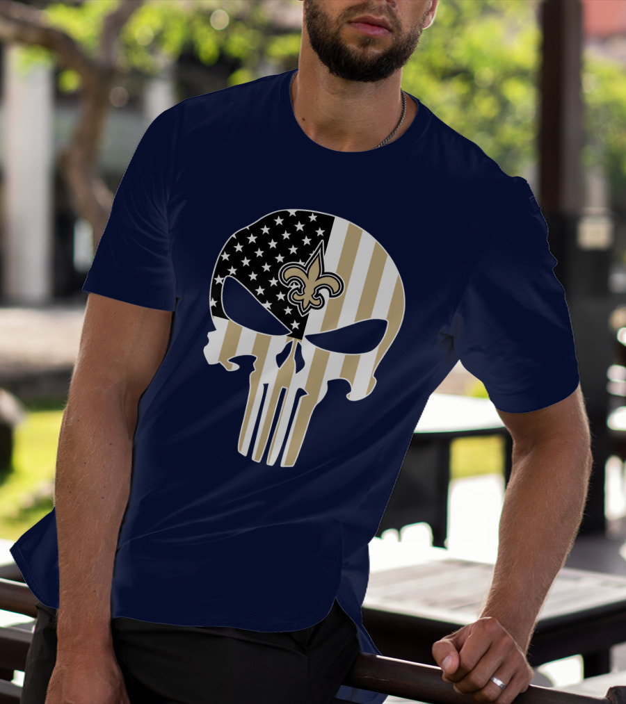 New Orleans Saints The Punisher American Flag Skull Fleur-De-Lis T-Shirt