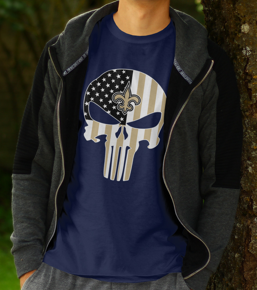 New Orleans Saints The Punisher American Flag Skull Fleur-De-Lis T-Shirt
