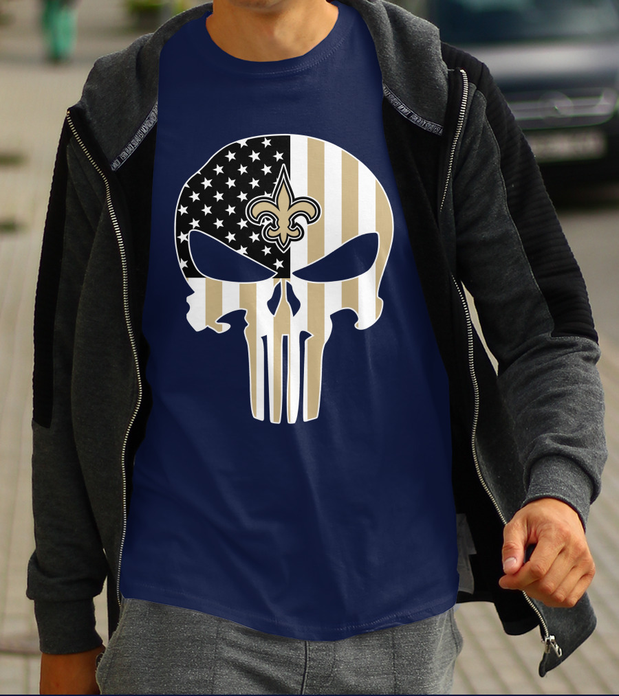 New Orleans Saints The Punisher American Flag Skull Fleur-De-Lis T-Shirt