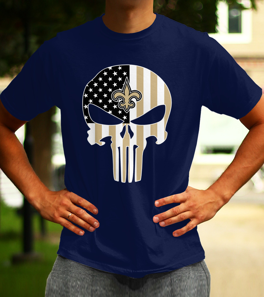 New Orleans Saints The Punisher American Flag Skull Fleur-De-Lis T-Shirt