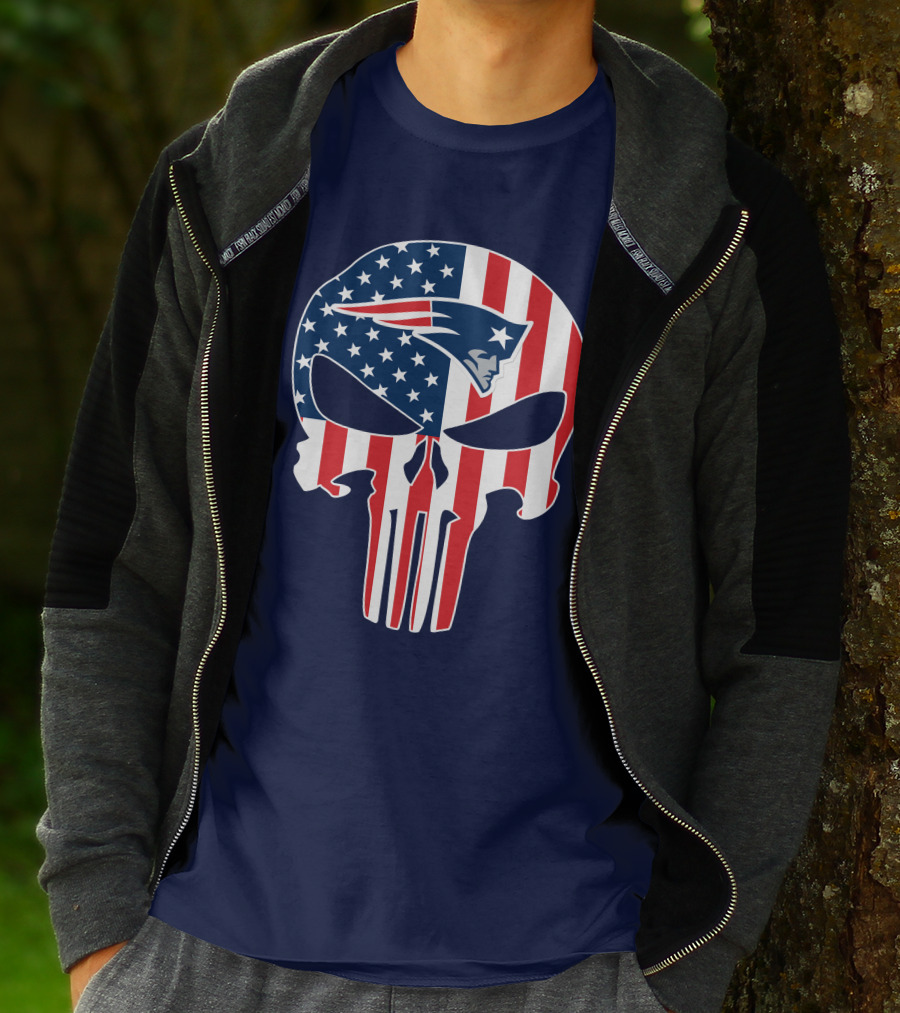 New England Patriots Punisher Skull American Flag T-Shirt