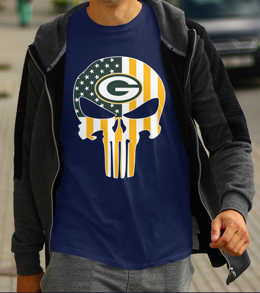 Green Bay Packers The Punisher American Flag Skull T-Shirt