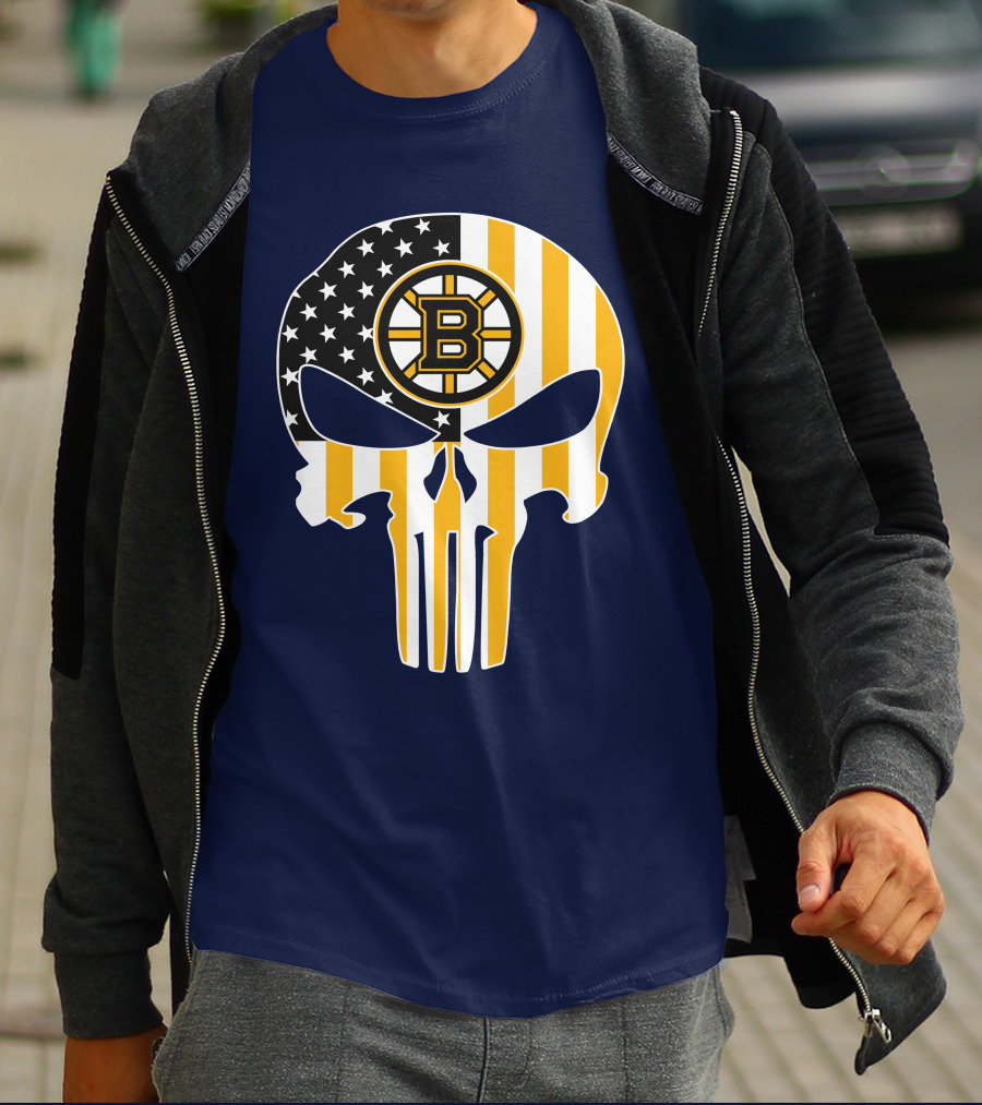 Boston Bruins The Punisher American Flag Skull T-Shirt