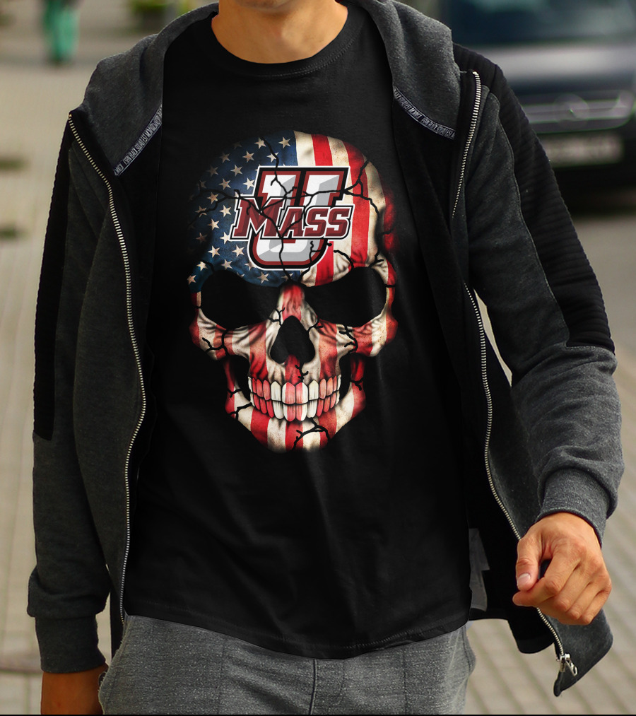 Umass Minutemen American Flag Skull T-Shirt