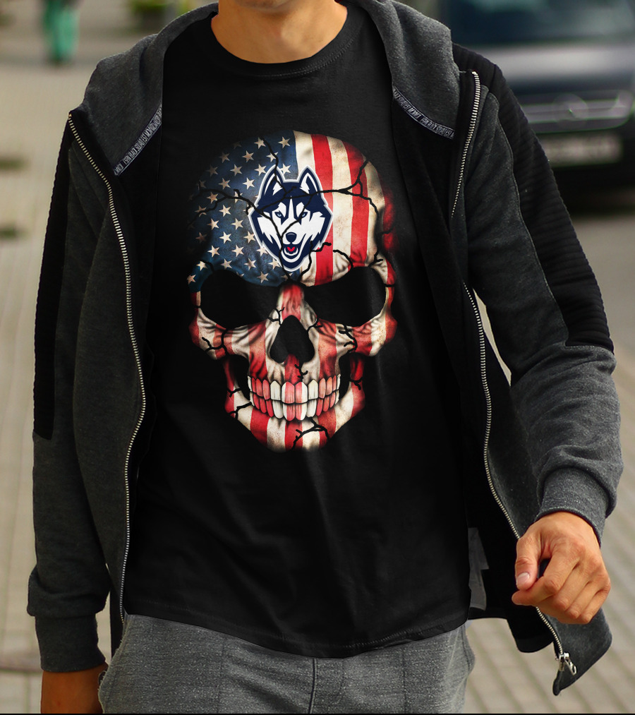 Uconn Huskies American Flag Skull T-Shirt