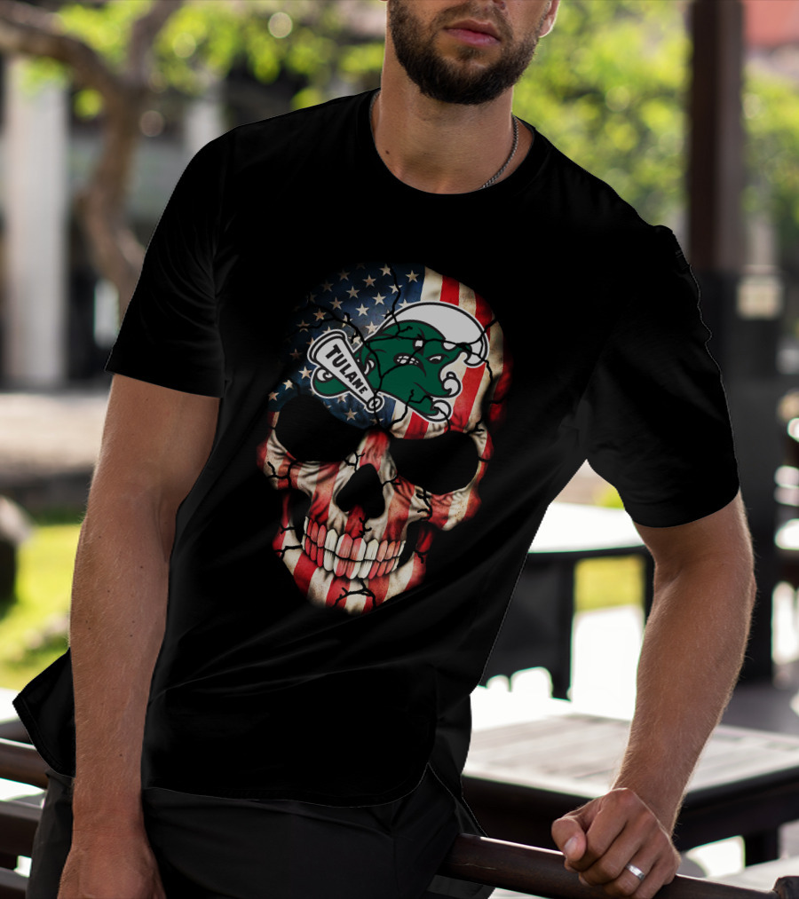 Patriotic Skull With Tulane Green Wave Logo On American Flag Style T-Shirt