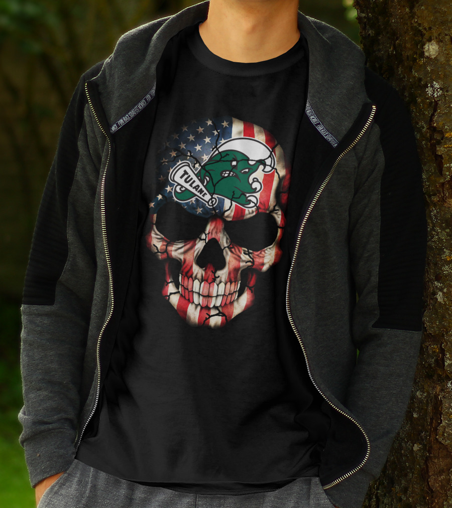 Patriotic Skull With Tulane Green Wave Logo On American Flag Style T-Shirt