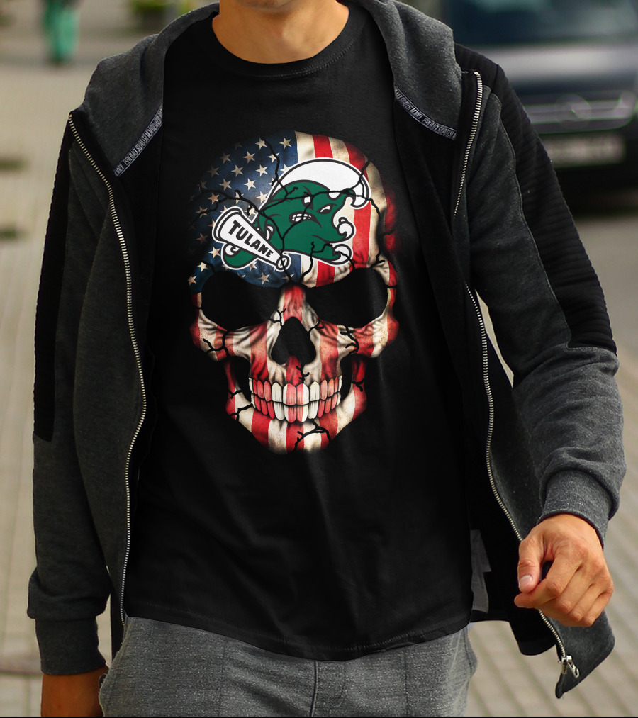 Patriotic Skull With Tulane Green Wave Logo On American Flag Style T-Shirt
