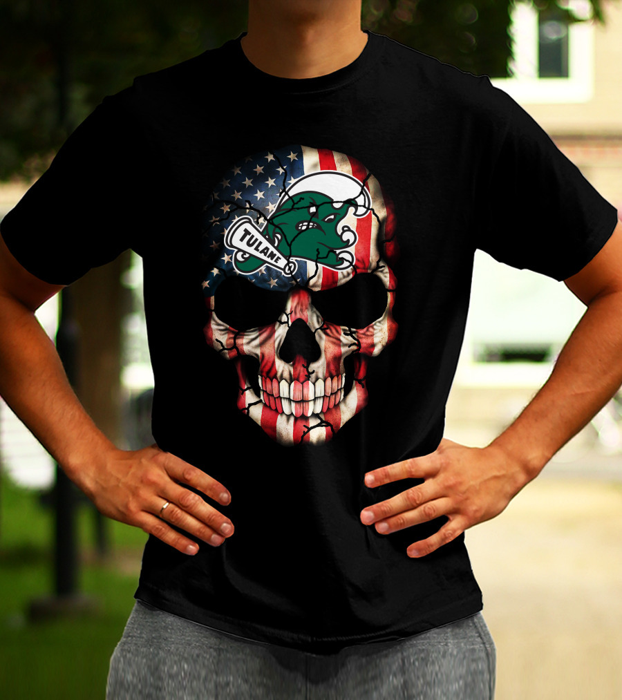 Patriotic Skull With Tulane Green Wave Logo On American Flag Style T-Shirt