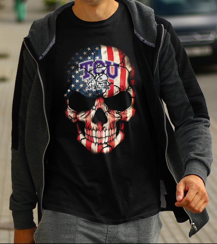 Tcu Horned Frogs American Flag Skull T-Shirt