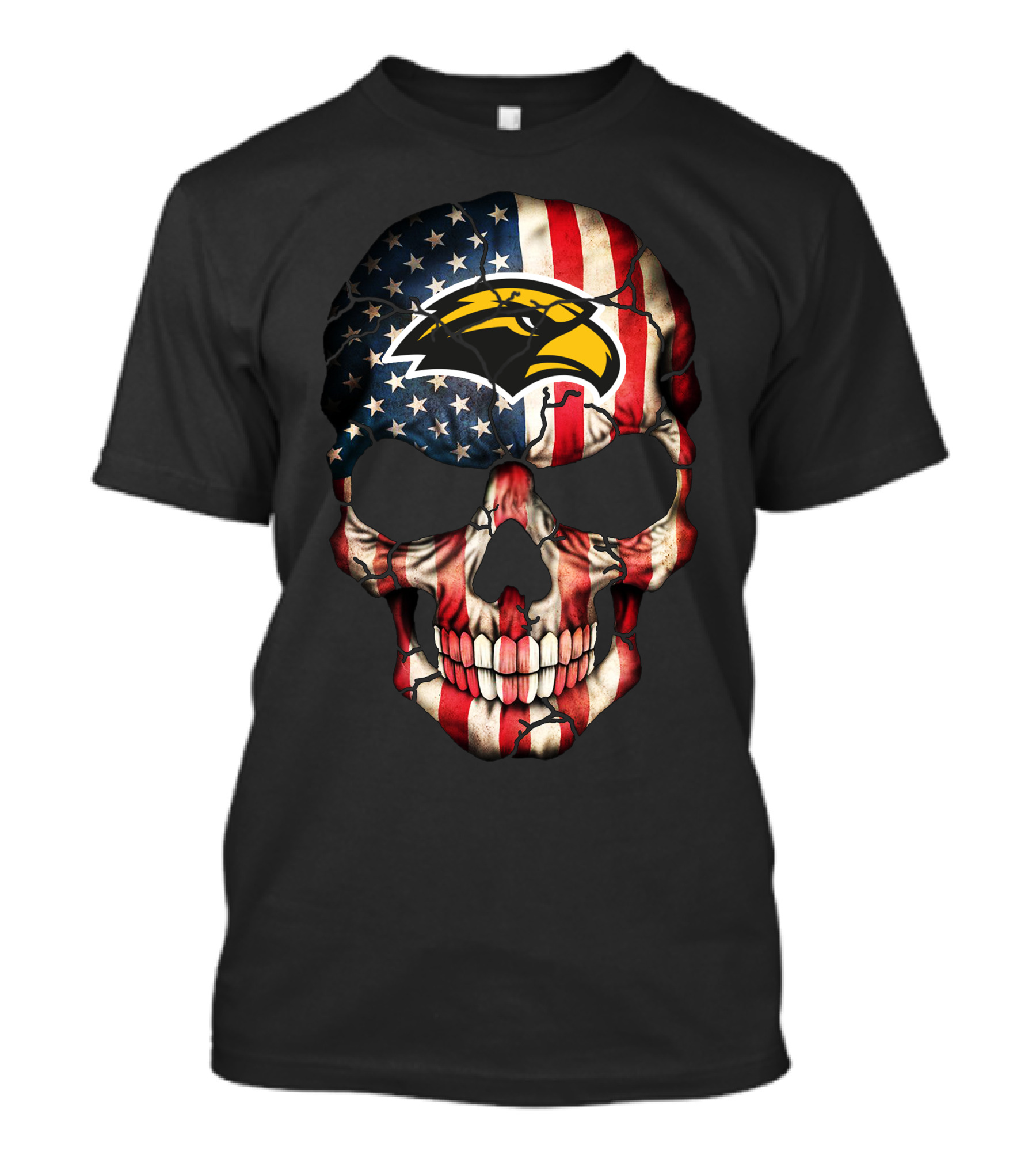 Skull With American Flag And Southern Mississippi Golden Eagles T-Shirt