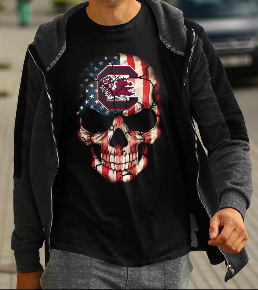 American Flag Skull With South Carolina Gamecocks T-Shirt