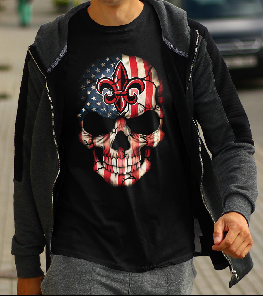 Ragin Cajuns Skull With American Flag And Fleur-De-Lis T-Shirt