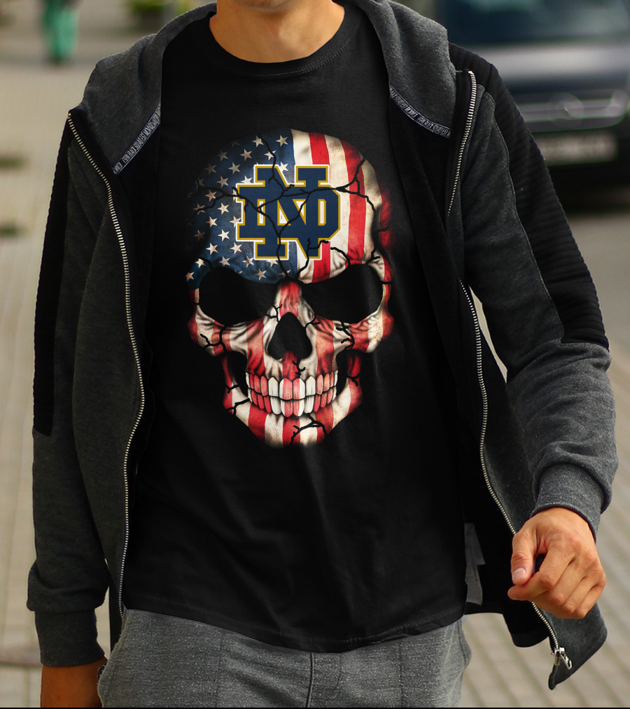 Notre Dame Fighting Irish Skull With American Flag T-Shirt