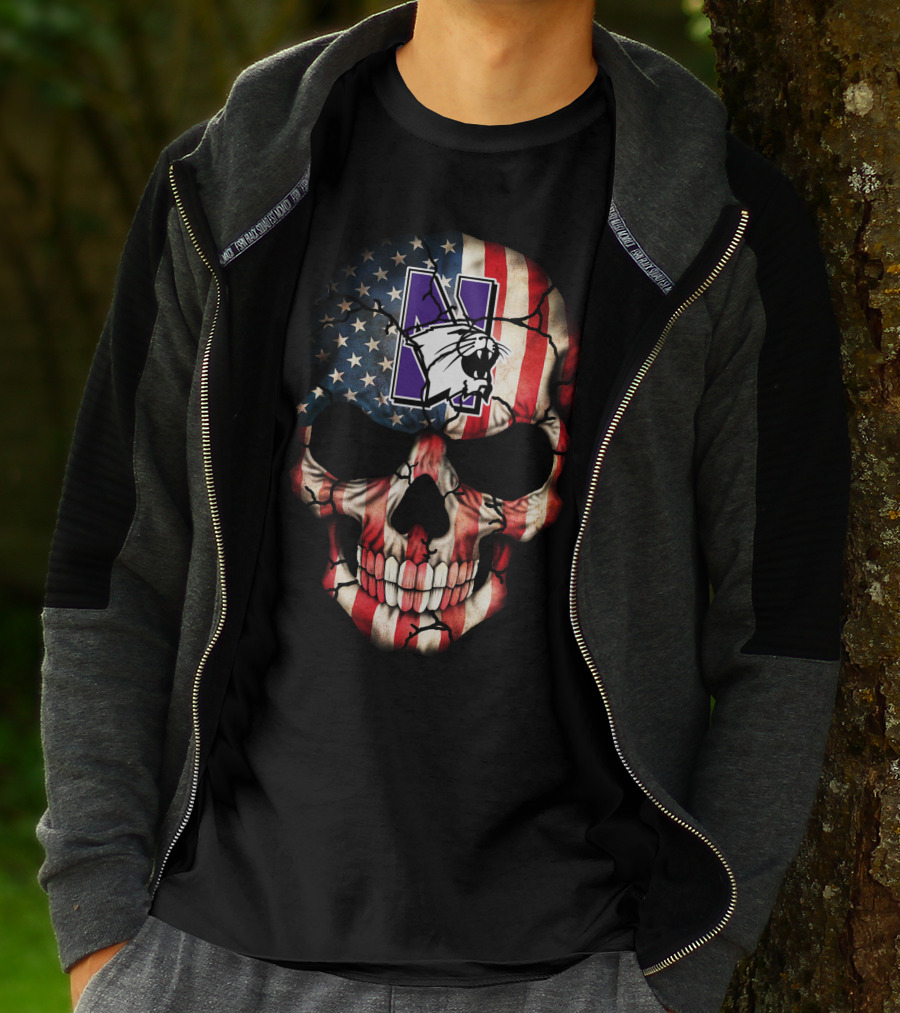 Northwestern Wildcats American Flag Skull 53 T-Shirt