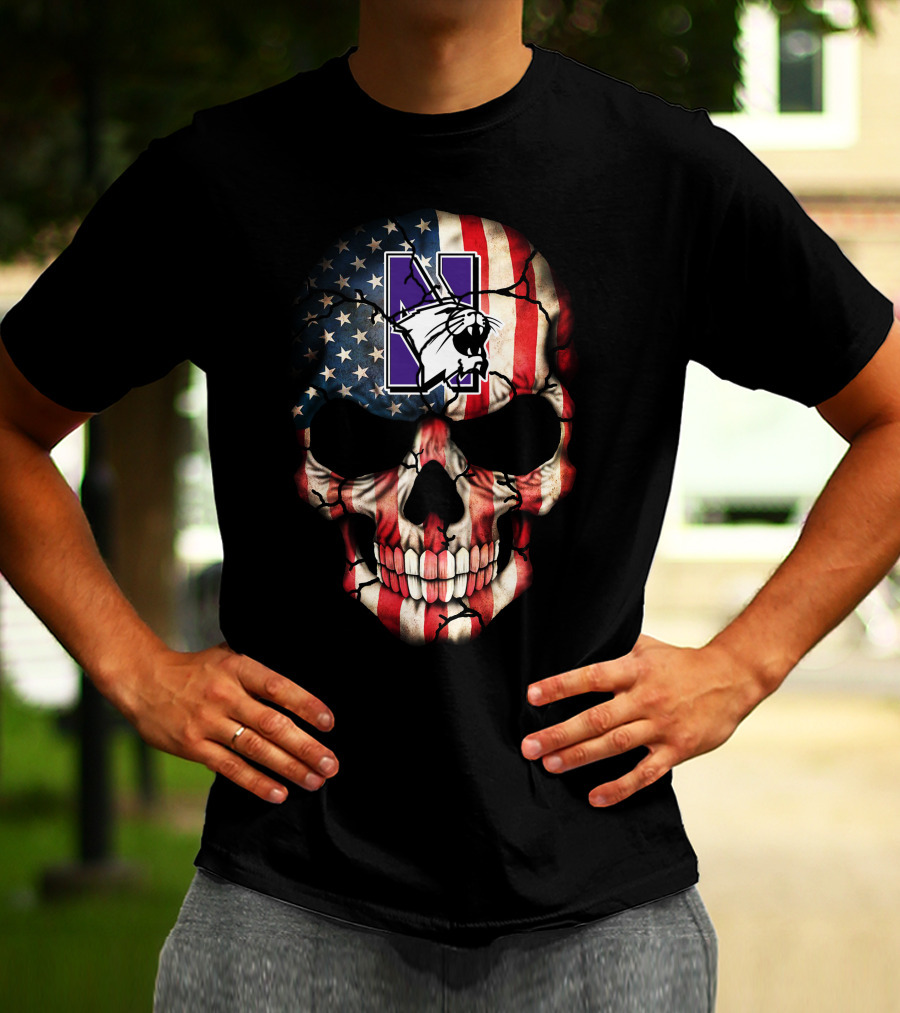 Northwestern Wildcats American Flag Skull 53 T-Shirt