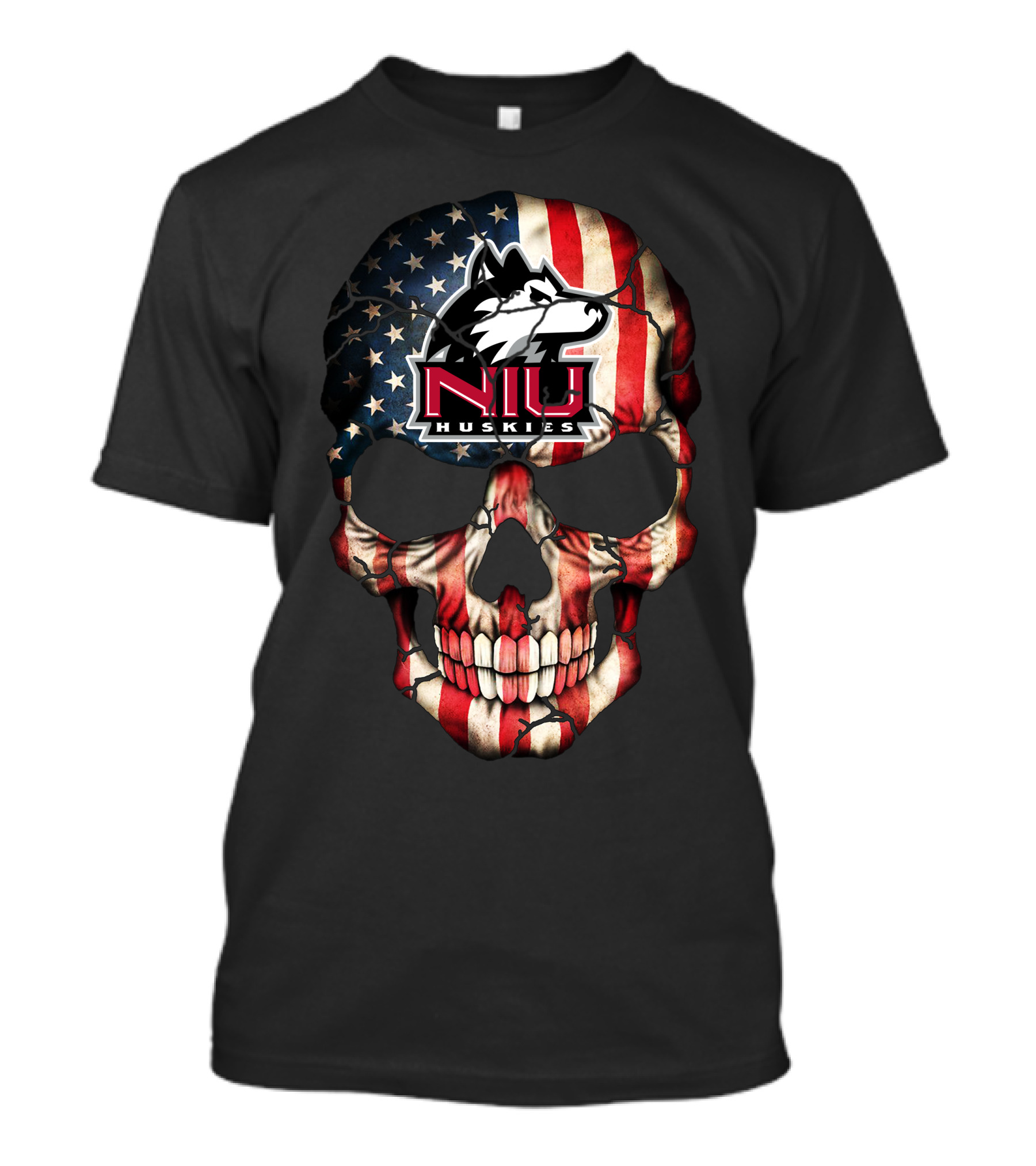 Niu Huskies American Flag Skull T-Shirt